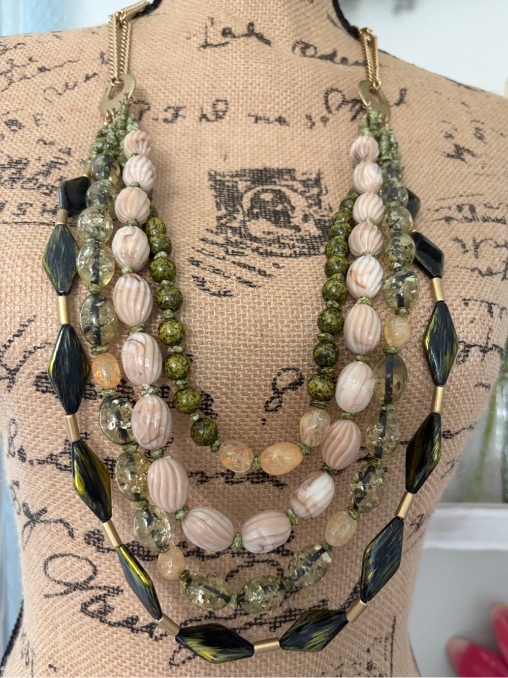Chico's Multi-Strand Necklace in Green, Cream, Black, and Gold Tones